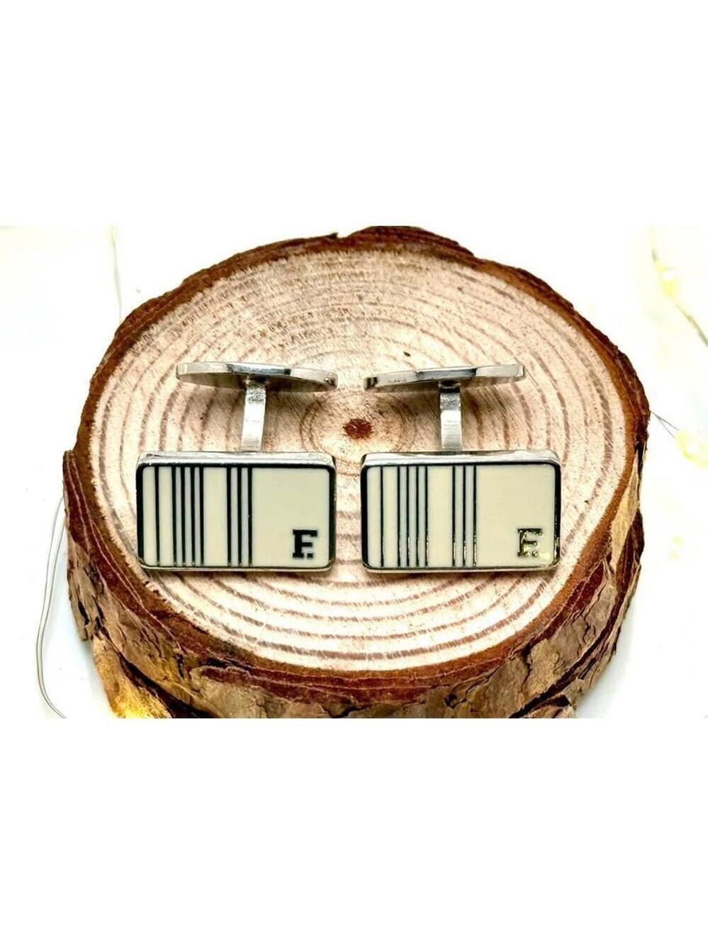 Vintage Façonnable Cufflinks – Rectangular Silver Tone with Cream Enamel
